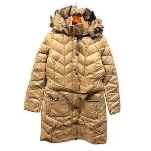 Lands' End Quilted Down Puffer Jacket Women's L Tall Beige Hood Belted NWT